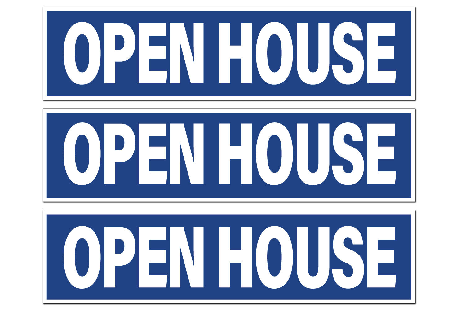 Open House sign riders for the real estate industry. Sign riders feature bold white text on a blue color bar background.