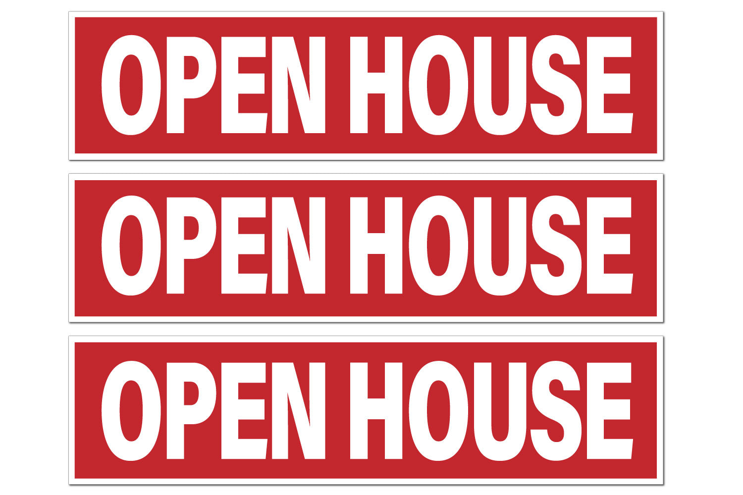 Open House sign riders for the real estate industry. Sign riders feature a red color bar with bold white text.