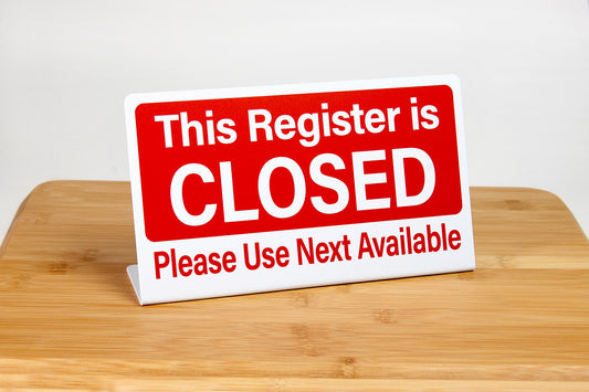 This register is closed L style signs are perfect for use in any retail setting such as grocery stores, and c-store.  These register closed signs feature a red color bar with easy to read text.