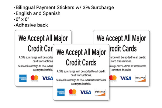 Bilingual 3% Surcharge Fee Payment Stickers, Adhesive Back