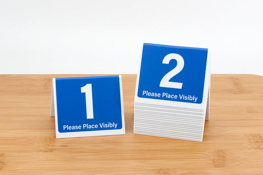 3in tall tent style blue table numbers for use in fast food and quick serve resturants.