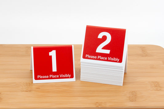 3in tall tent style red table numbers for fast food chains and quick serve restaurants.