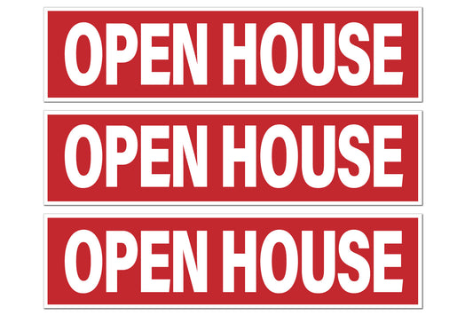 Open House sign riders for the real estate industry. Sign riders feature a red color bar with bold white text.