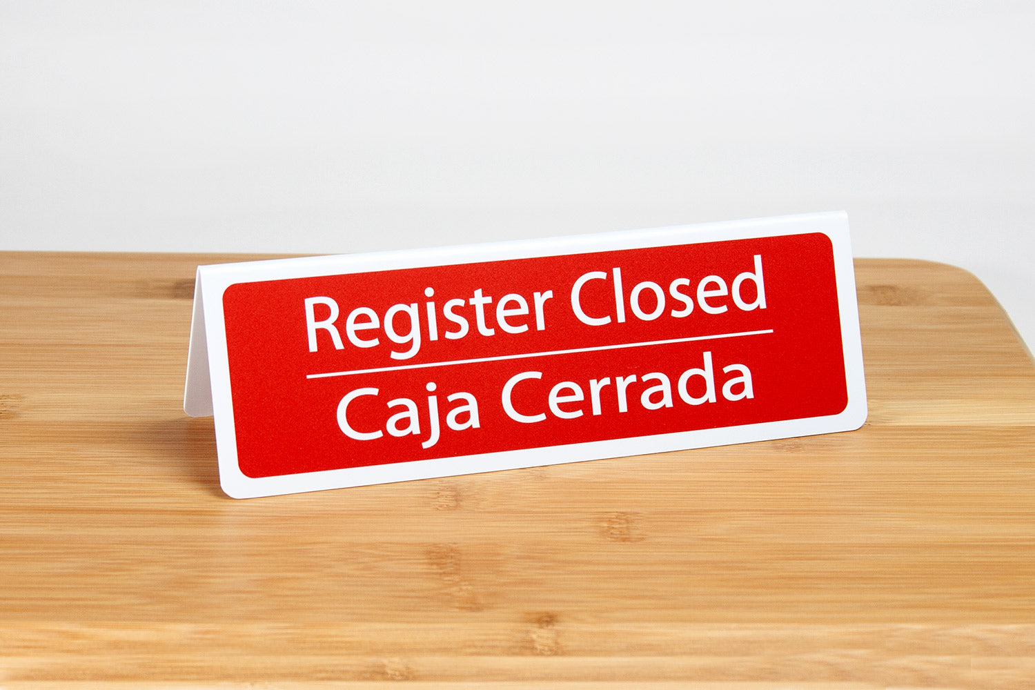 Register closed tent style signs are ideal for use in grocery stores, c-stores or any retail environment. Register closed is printed in both english and spanish text.
