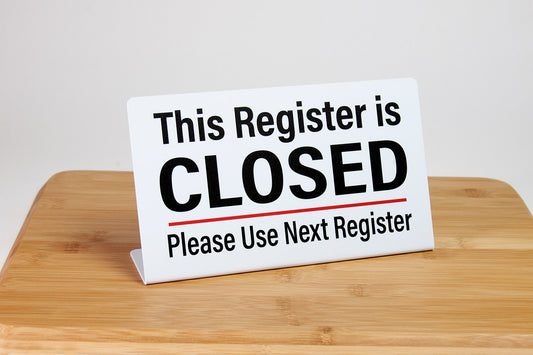 Register closed L style plastic signs are great for use in a retail checkout or payment area. This sign features bold black text on a white background.